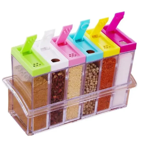 Spice Jars Dispenser Masala Rack Easy Flow Storage Crystal Seasoning Box Multicolour Set Of 6